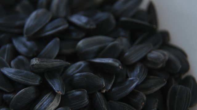 Roasted sunflower seeds fall on the table. close up
