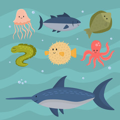 Sea animals vector creatures characters cartoon ocean wildlife marine underwater aquarium life water graphic aquatic tropical beasts illustration.