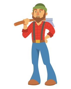 Woodcutter bearded lumberjack vector character with an ax in his hand logging equipment lumber industrial wood timber forest man illustration.