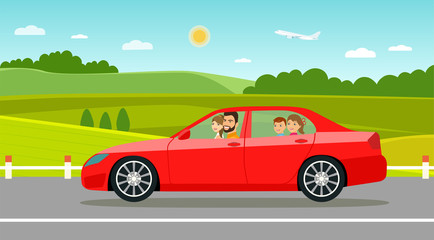 Fototapeta na wymiar Funny family driving in car on weekend holiday. Summer landscape.Vector flat style illustration