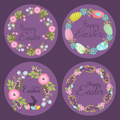 Happy easter hand drawn badge hand lettering greeting decoration natural wreath spring flower vector illustration