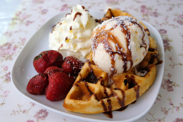 Fresh waffles with ice cream