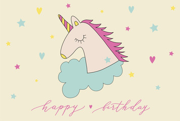 Happy birthday card with cute unicorn icon vector. Colorful design.