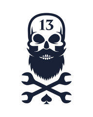 Bearded Skull and crossed wrenches.