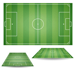 Fototapeta premium Set of top and side view of football fields. Textured soccer field. Green playground background. Vector collection illustration