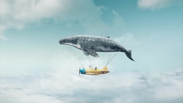 Travel concept. Whale floats in the air above the clouds carrying children in a yellow airplane.
