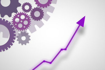 Purple and pink gray gears for process template or slideshow background with purple upward arrow for investment value increase.