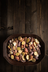 Lamb Loin Chops and Vegetables Prepared for Roasting. Copy Space.