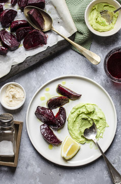 Oven baked beetroot with avocado salsa