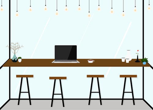 Modern flat design coffee shop Interior. work in cafe. Vector Illustration