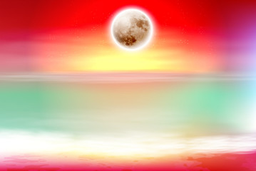 Colorful purple beach with full moon at night. EPS10 vector.