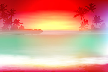 Colorful background with sea and palm trees. Sunset time. EPS10 vector.