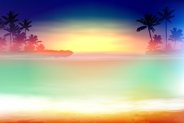 Naklejka na ściany i meble Colorful sea sunset with palm trees. EPS10 vector.
