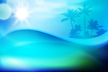 Blue water wave and island with palm trees in sunny day. EPS10 vector.