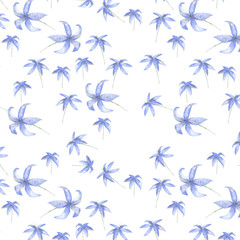 Fototapeta premium Blue watercolor flowers seamlless pattern on white background