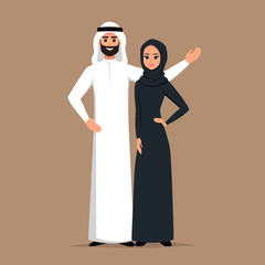 Vector cartoon Arab family characters set. Happy Saudi man and woman are embracing. business Moslem people in traditional clothing vector illustration.