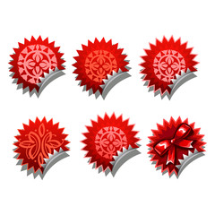Set of red stickers with a bowknot isolated on a white background. Cartoon vector close-up illustration.
