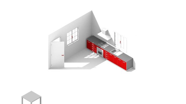 3d isometric rendering animation illustration of red kitchen
