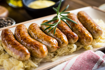 Juicy Grilled Sausages with Cabbage Salad, Mustard and Beer - 206513304