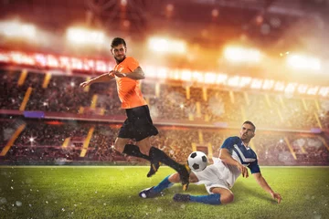 Fototapeten Soccer conflict scene between players at the stadium © alphaspirit