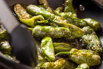 Preparing Green Padron Peppers in the Frying Pan