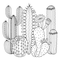 Linear image on white background cute cactus for page for coloring book. Contour image of cactus...