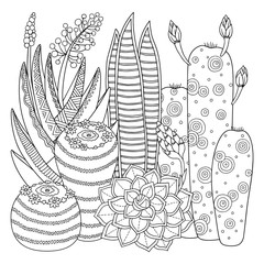 Linear image on white background cute cactus for page for coloring book. Contour image of cactus...