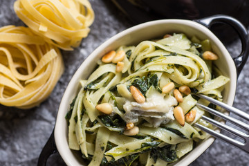 Freshly Prepared Tagliatelle with Spinach, Pine Nuts and Gorgonzola Cheese