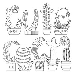 Linear image on white background cute cactus for page for coloring book. Contour image of cactus...