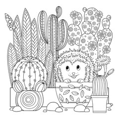 Linear image on white background cute cactus for page for coloring book. Contour image of cactus...