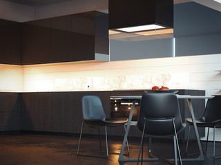 Modern dark kitchen with few light sources. 3d rendering.