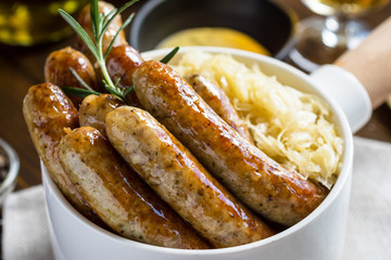 Traditional Grilled Sausages with Cabbage Salad, Mustard and Beer