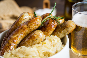 Traditional Grilled Sausages with Cabbage Salad, Mustard and Beer