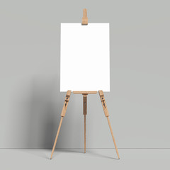 White easel stands next to grey wall, 3d rendering