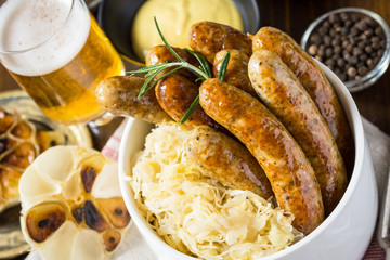 Traditional Grilled Sausages with Cabbage Salad, Mustard and Beer
