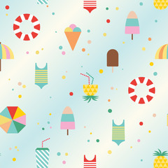 Seamless pattern with cute vacation elements and bubbles on gradient background