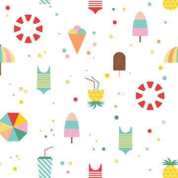 Seamless pattern with cute vacation elements and bubbles on white background