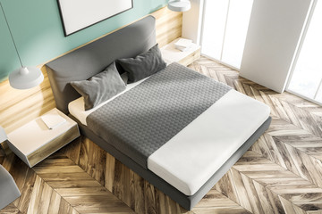 Fototapeta premium White and green bedroom with poster, top view