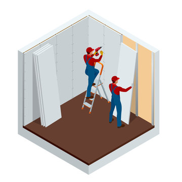 Isometric man installing drywall gypsum panels vector illustration. Construction building industry, new home, construction interior.