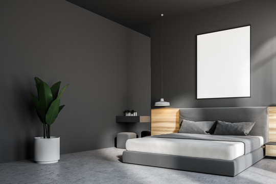 Dark gray bedroom interior, poster