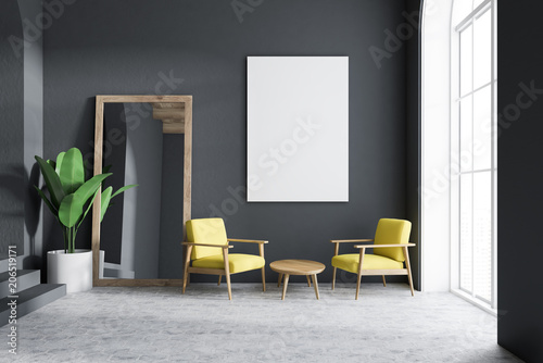 Yellow Armchairs Gray Living Room Mirror Poster Stock Photo And Yellow Armchairs Gray Living Room Mirror Poster