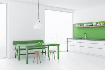 Green bench modern dining room and kitchen