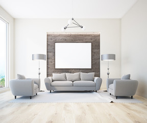 White and wooden living room, horizontal poster