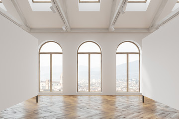 Mock up white poster gallery attic, arched windows