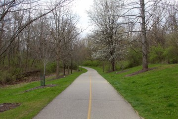 The long walkway the park on a early springtime day.