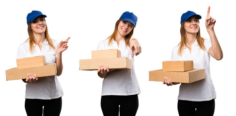 Set of Delivery woman pointing to the front, lateral and up