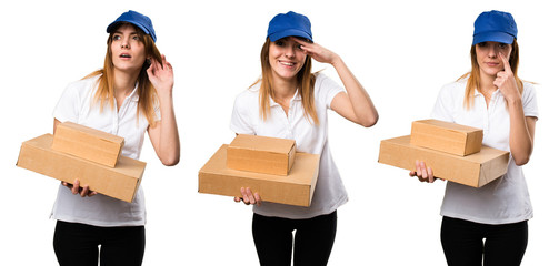 Set of Delivery woman showing something and listening something