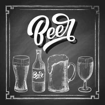 Beer hand lettering, vintage brush typography, with hand-drawn sketch isolated on black chalkboard background. Vector illustration.