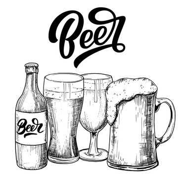 Beer hand lettering, vintage brush typography, with hand-drawn sketch isolated on white background. Vector illustration.