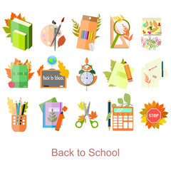 Set of school icons in flat design . Back to school supplies. 